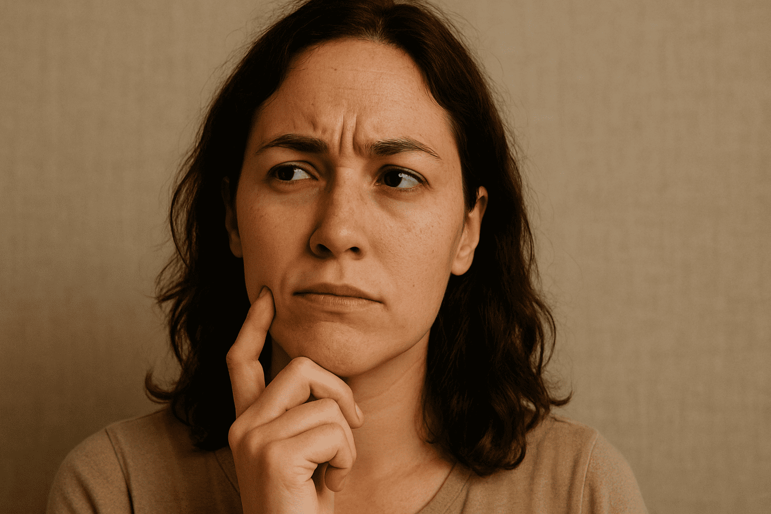 Femme pensive, la main posée sur son visage, évoquant son expérience avec les soins laser proposés par Dépil Tech
